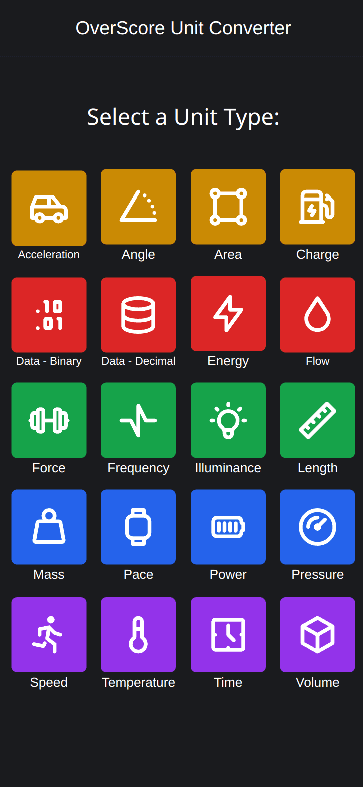 A colourful grid of squares with icons inside of them, allowing the user to select a unit type (like area, length, mass, or temperature)