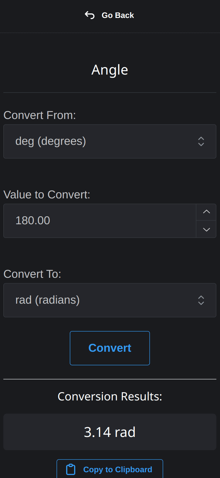 A screenshot of converting 100 degrees to radians (result is 3.14 radians, rounded to the nearest hundredth)