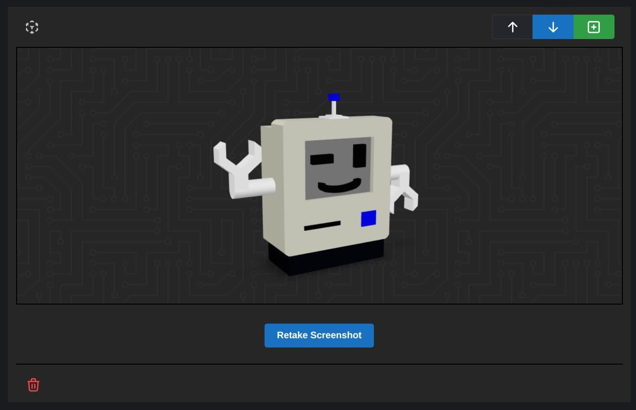 A screenshot of a 3D widget on Nexus, showing a model of a character that's a robot made from a computer monitor. Underneath the 3D model is a button that says 'Retake Screenshot'