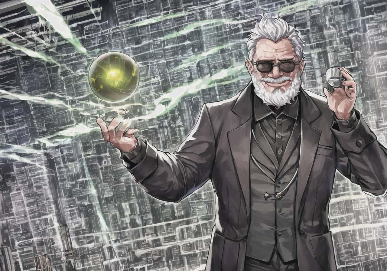 An AI-generated image of a cool-looking old wizard in a black trenchcoat and sunglasses. A powerful green orb hovers above his hand, and the background looks like a visualization of cyberspace or the inside of a microchip
