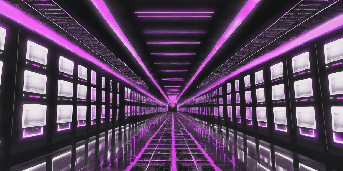 A purple and black futuristic scene, of an endless hallway