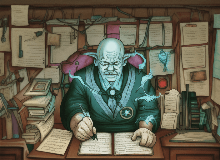 A goblin scribe sits at a desk and writes, with papers covering the desk and wall behind him
