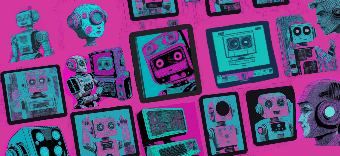 Many different designs of robots, based on retro technology like CRT monitors and vintage stereo equipment