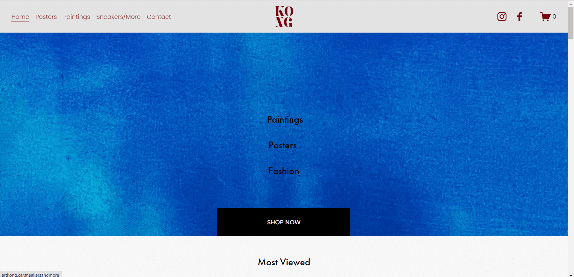 Art Kong home page screenshot, with a large 'splash' section, a navigation bar, and a large shop now button