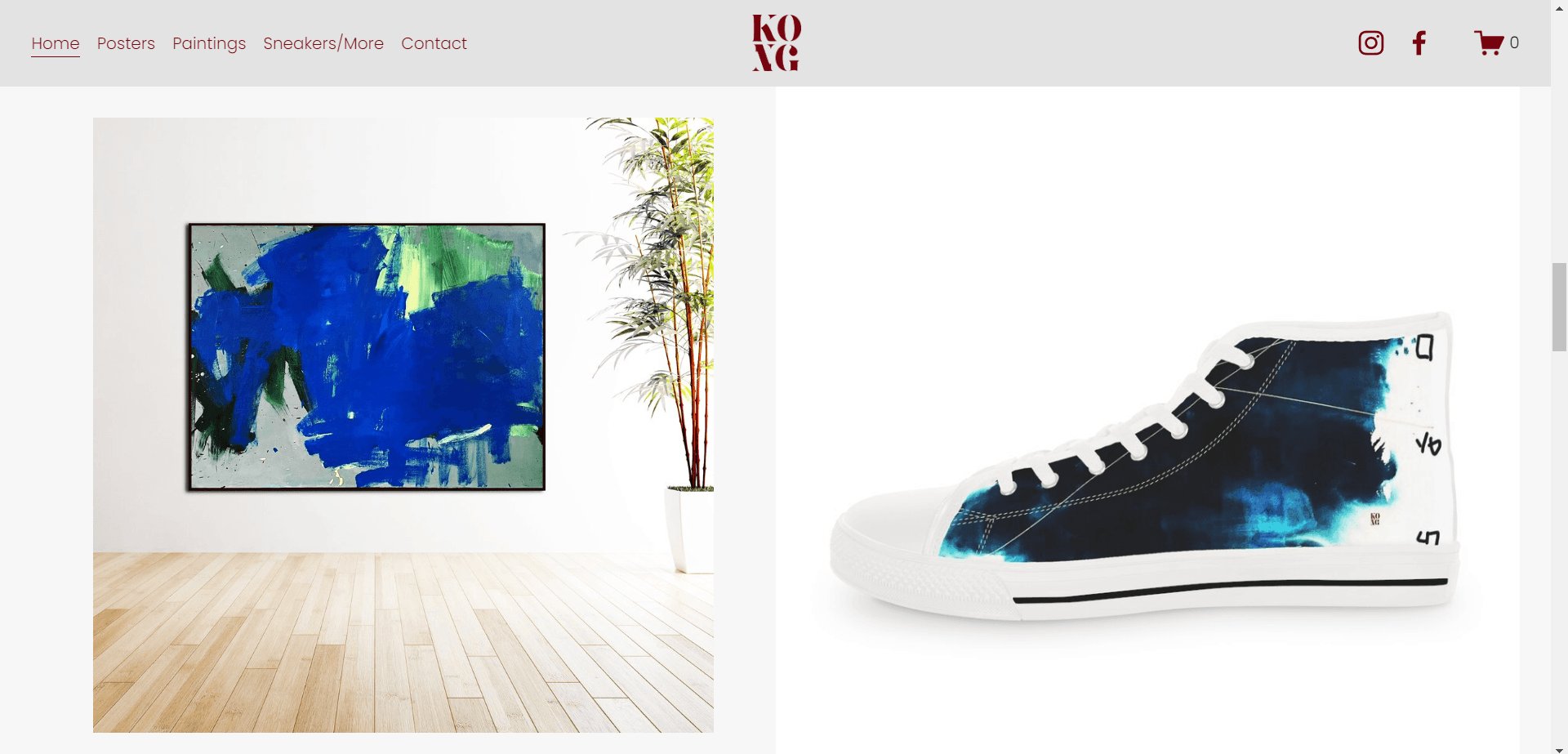 Large displays of featured products on home page, a painting on the left and sneaker on the right