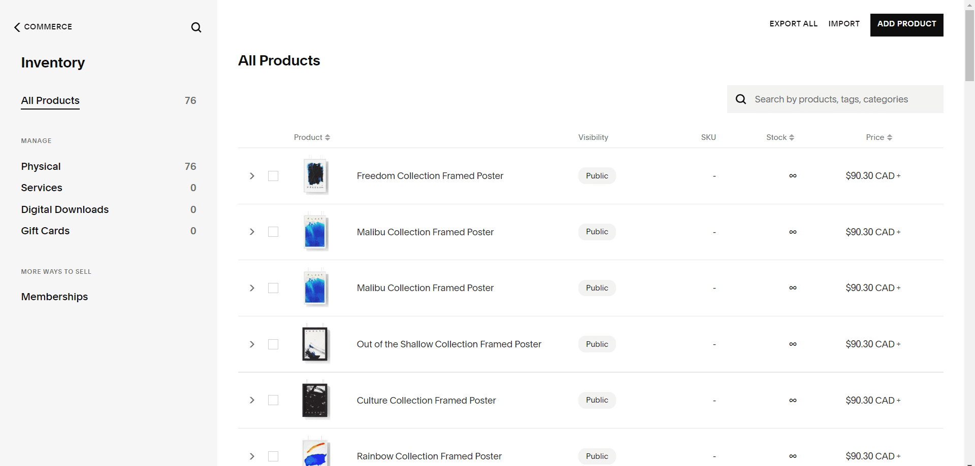 Inventory page UI showing list editing functions and all products