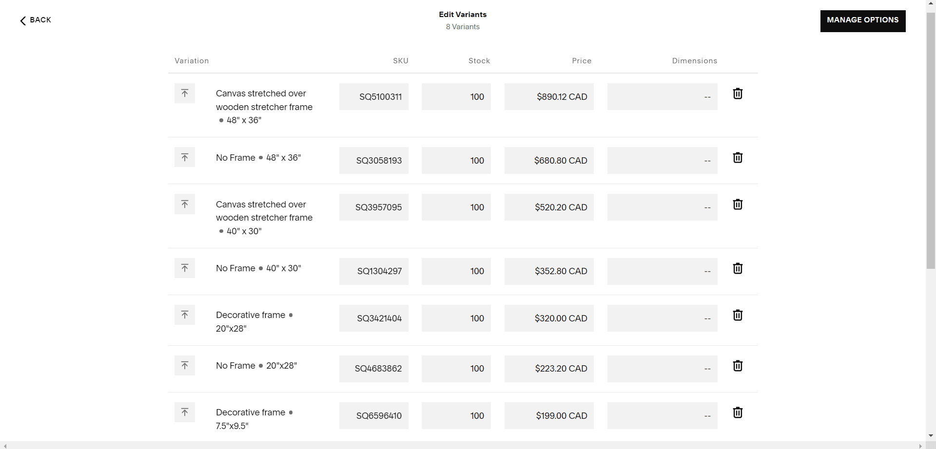 A table of available product variants, including sizes, frames, and prices