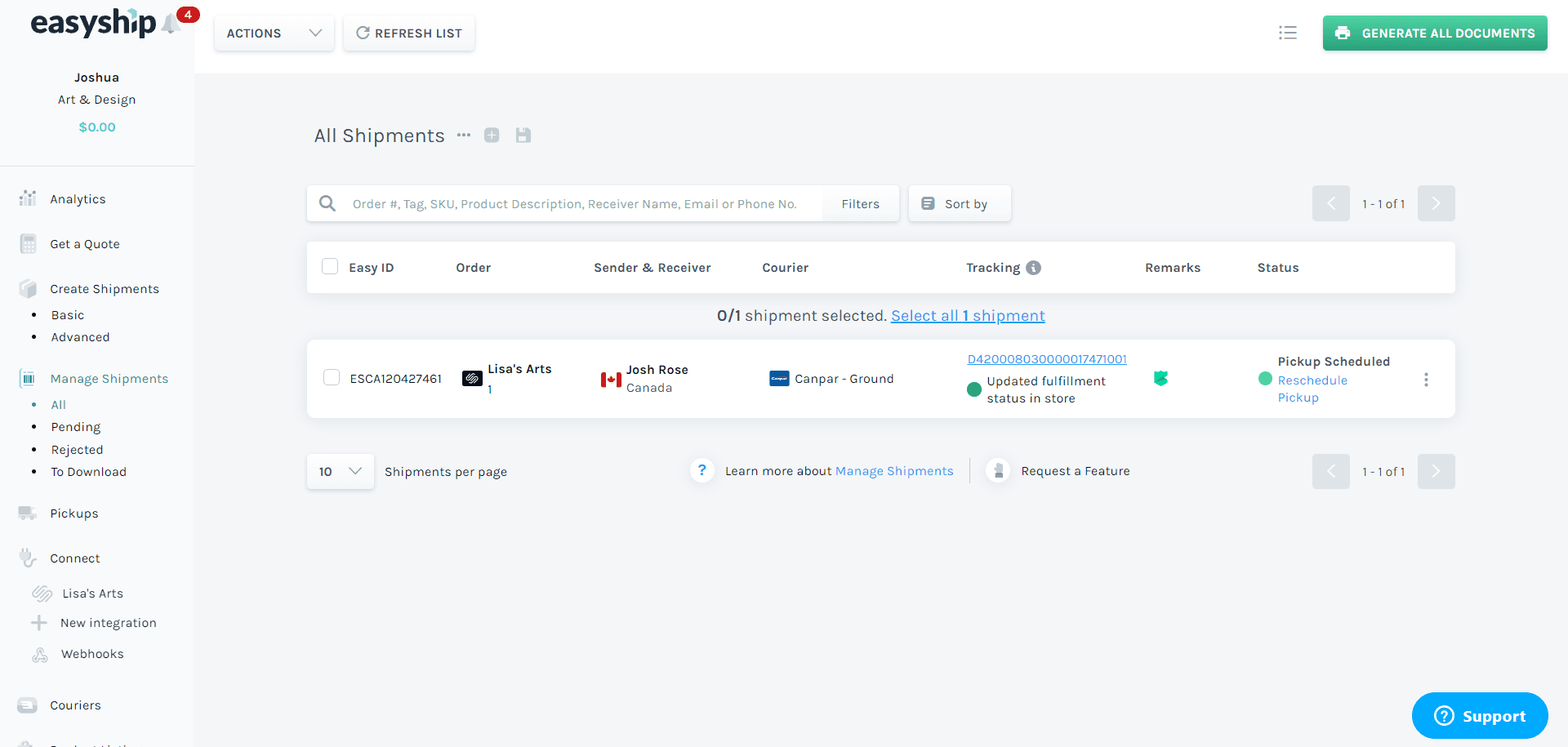 Easyship orders manager displaying all current shipments