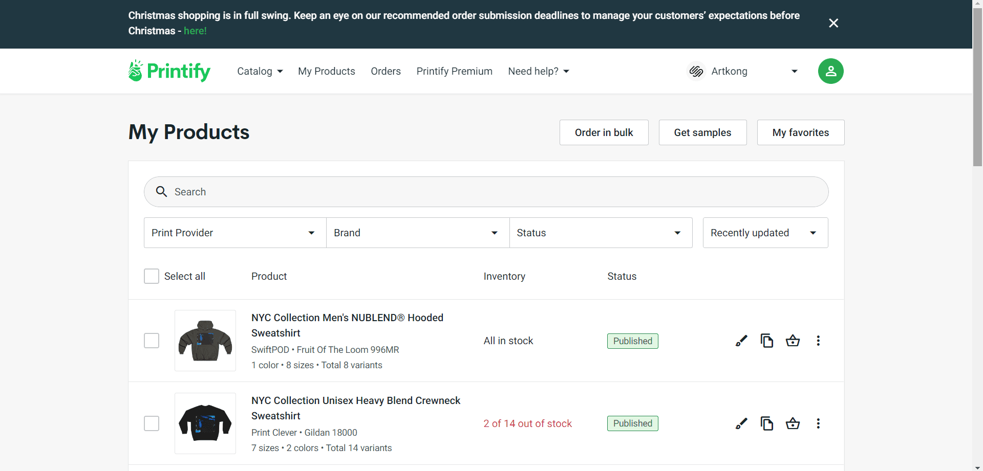 Printify UI displaying list of products available