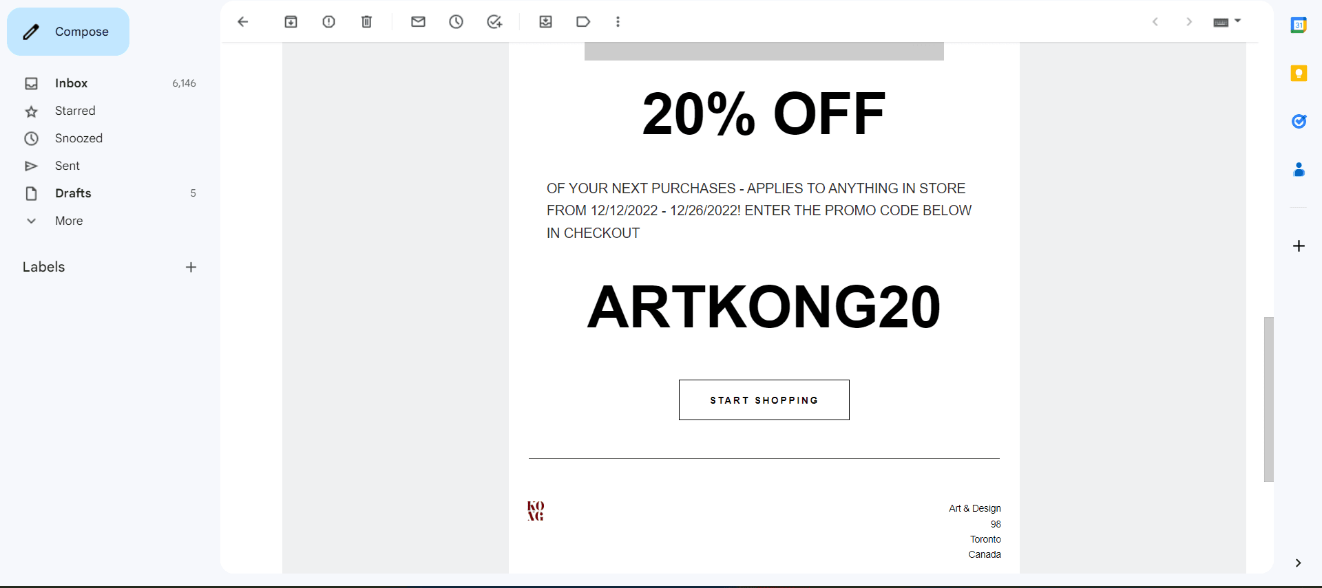 An email shows 20% off of your next purchases using the provided coupon code