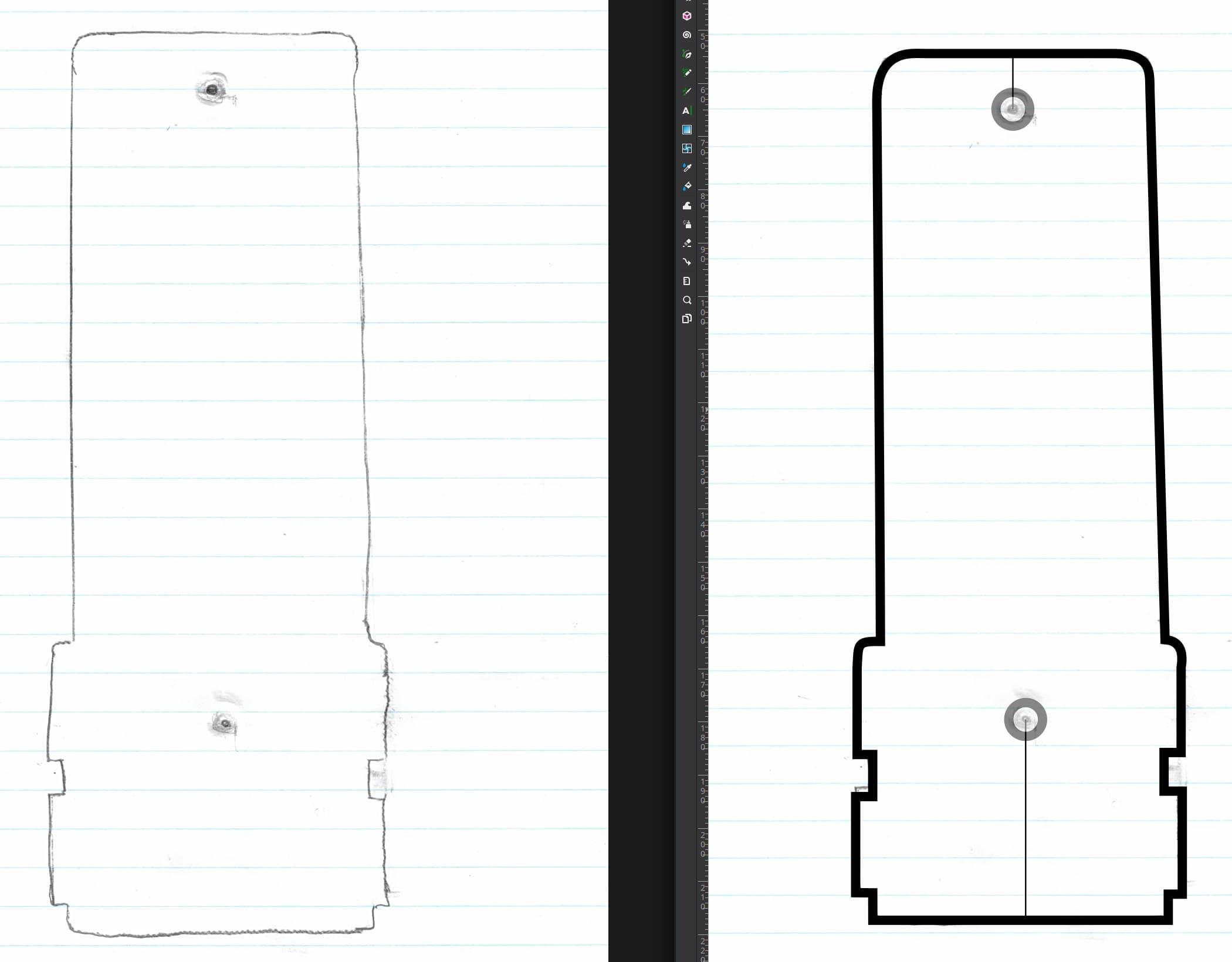 Two side-by-side outlines of the top of the buggy - the left is a scan of a pencil sketch, and the right is a vectorization made in Inkscape