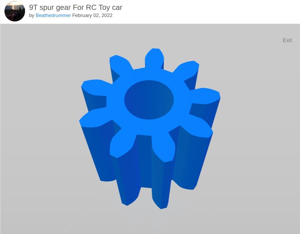 A screenshot of a 3D model of a gear. Caption reads '9T spur gear For RC Toy car by Beathedrummer February 02, 2022'