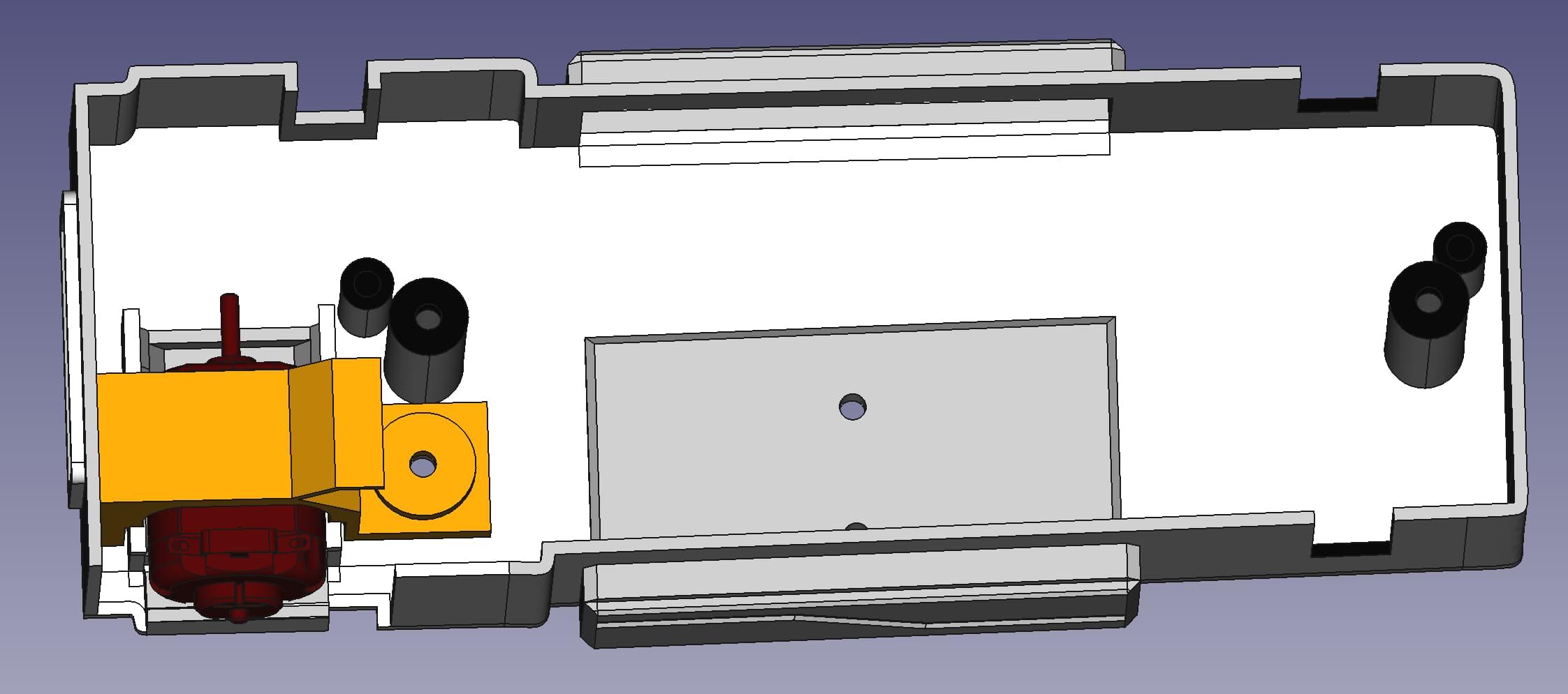 In a screenshot from FreeCAD, the white 3D model of the base of the buggy has a red motor in its corner, which in turn is covered by a yellow motor bracket with a screw hole
