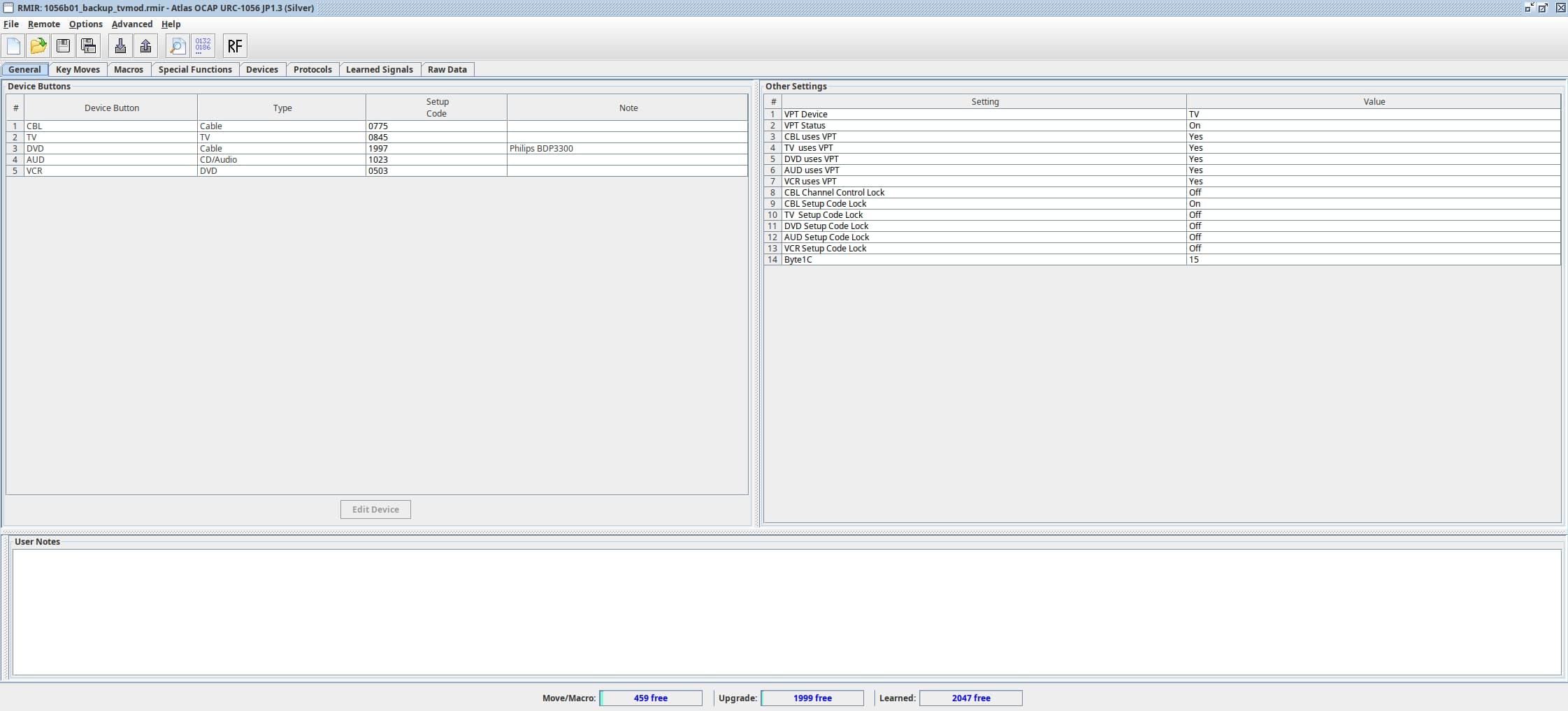 The RMIR interface. Sparse, rather clunky-looking, and full of tiny buttons. Currently displaying a table with the different devices my remote is set up to control