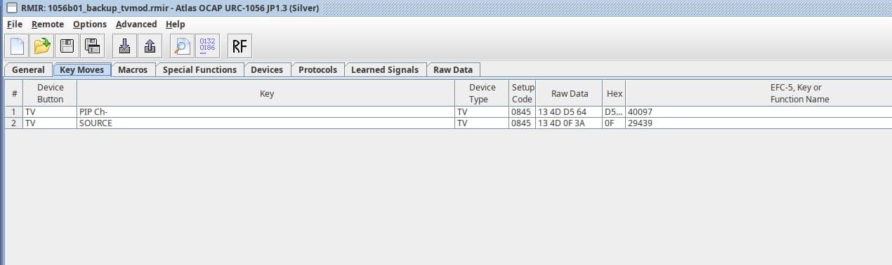 A screenshot from the RMIR software, showing the 'PIP Ch-' and 'SOURCE' buttons have been remapped to the EFC-5 functions 40097 and 29439, respectively