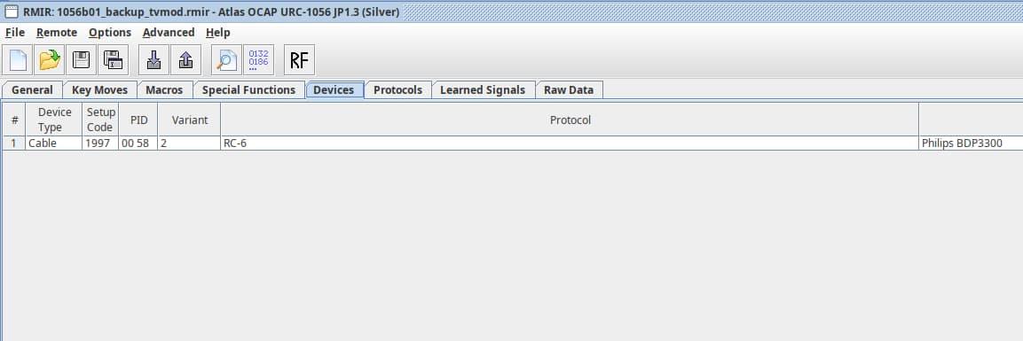 A screenshot from RMIR showing the Philips BDP3300 device (setup code 1997, PID 00 58, variant 2, protocol RC-6) mapped to a device