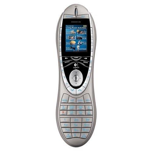 A picture of a sleek, silver remote with a small colour screen and a design very similar to that of a flip-phone