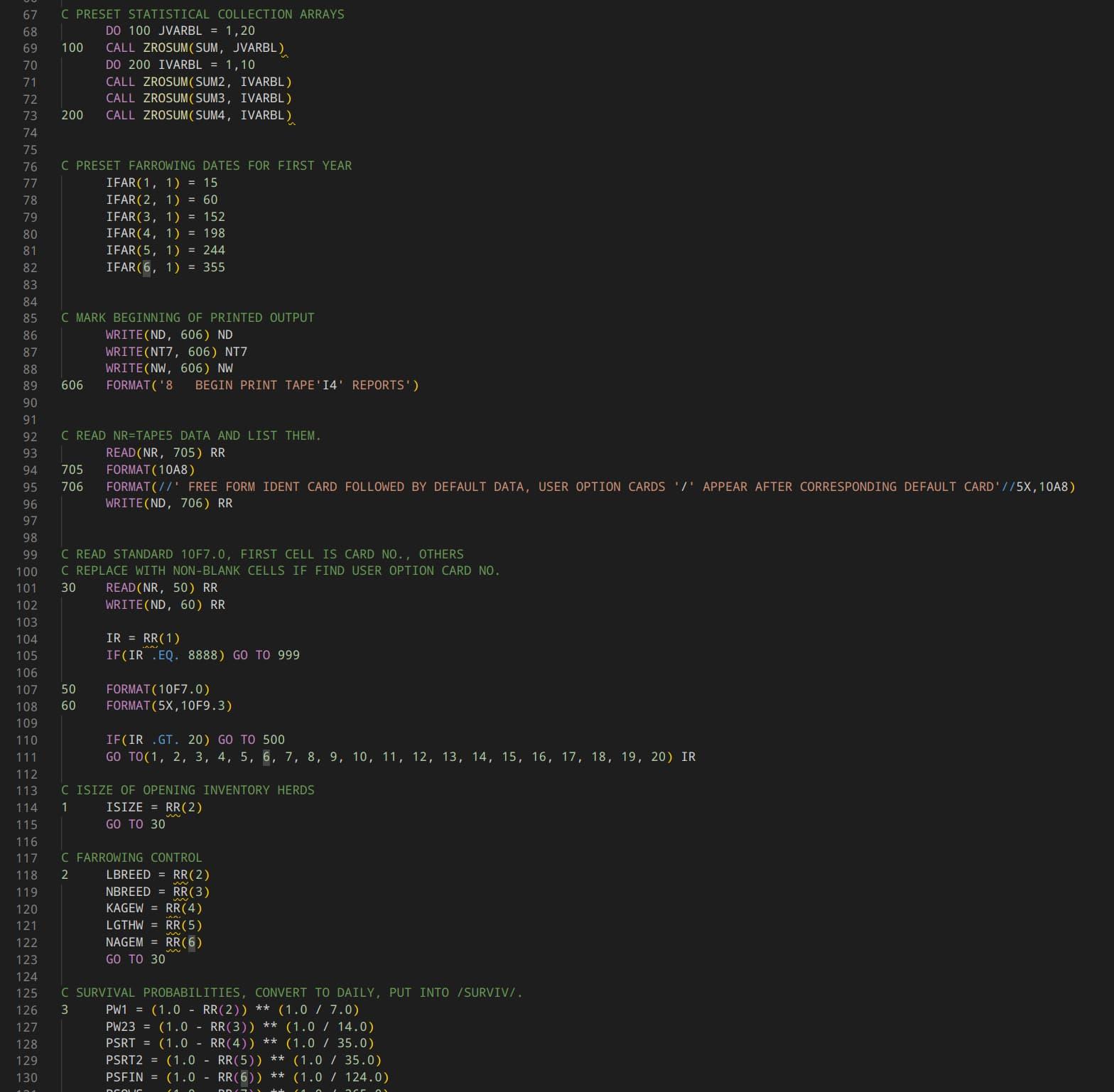 A screenshot from the modern code editor VS Code, showing several lines of FORTRAN