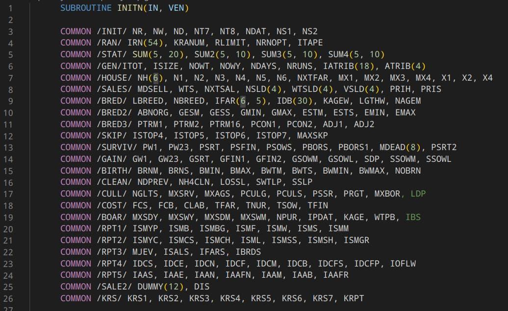 A screenshot of several incredibly-dense lines of COMMON statements, comma-separated lists of variable names (short made-up words) that looks like gibberish