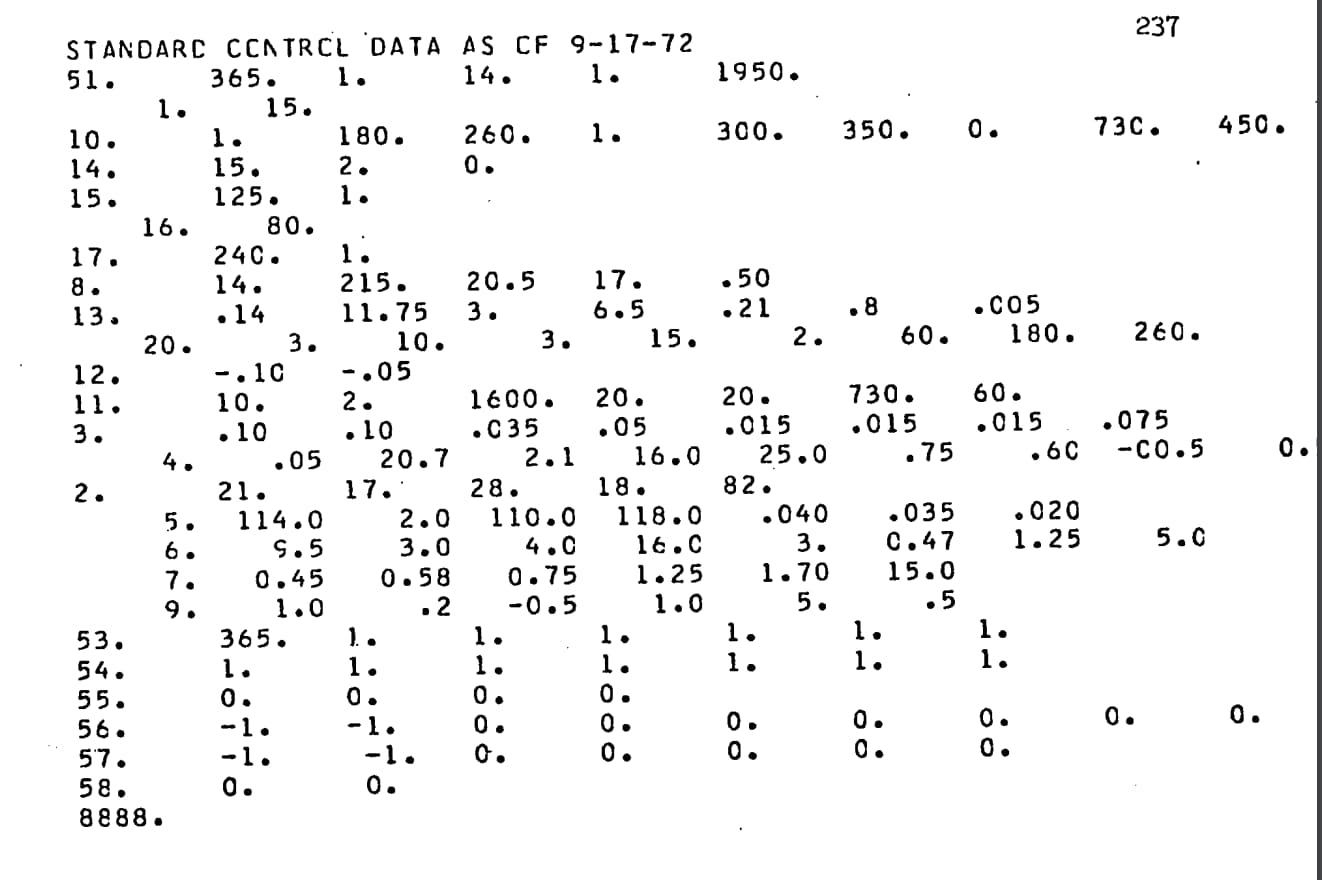 Standard Control Data as of 9-17-72 - a page full of numbers with decimal points and spaces everywhere