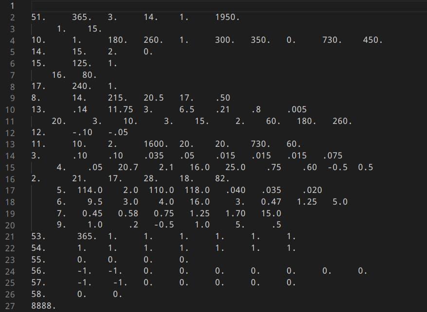 A screenshot of a code editor with 27 lines of many numbers, separated by varying numbers of spaces and decimal points