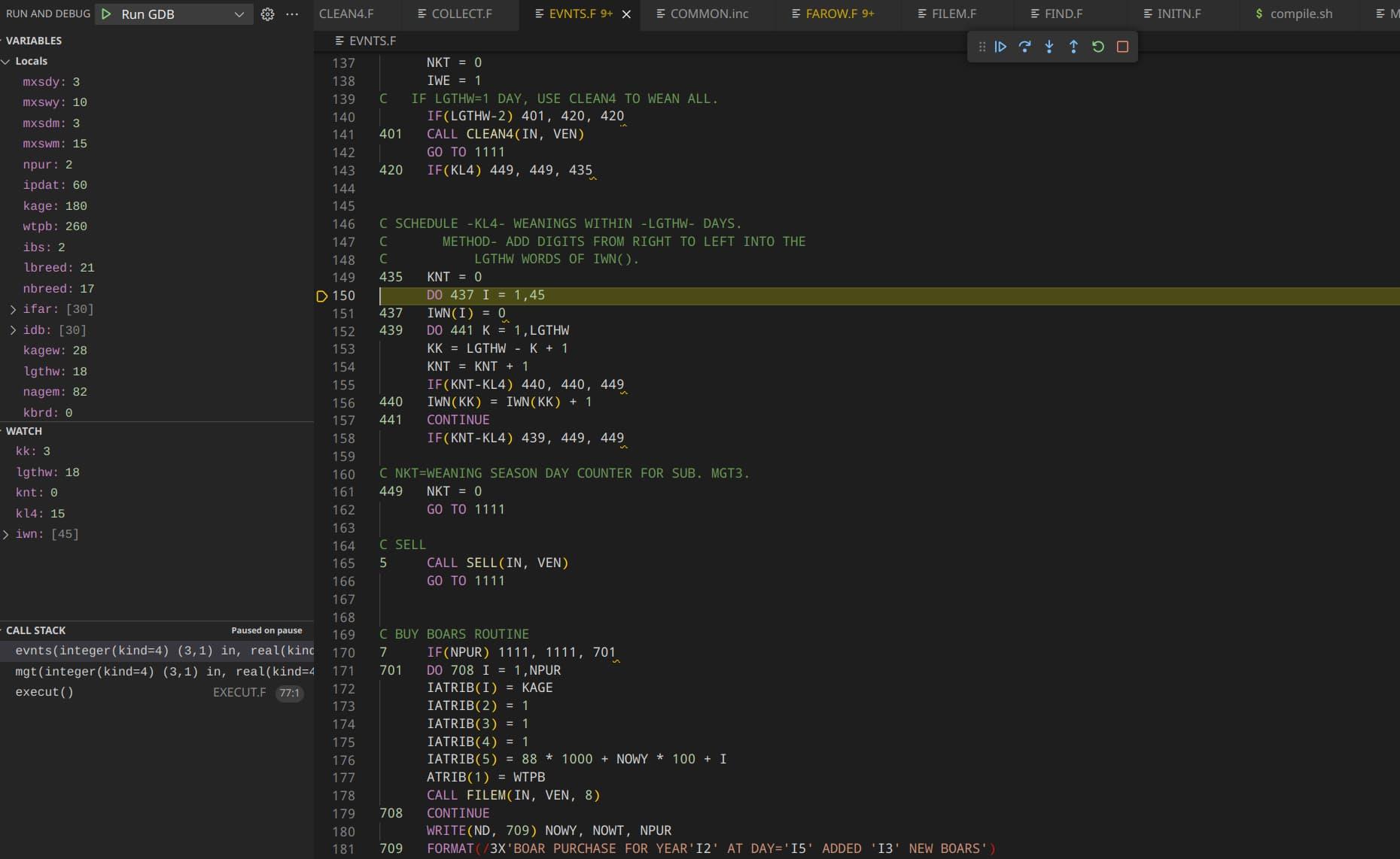 A VS code editor screenshot, showing a highlighted line of code, pause, play, forward, and stop buttons, and a list of variables with their values