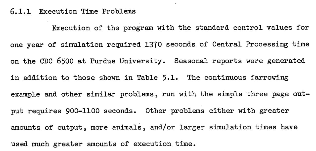 Execution of the program with the standard control values for one year of simulation required 1370 seconds of Central Processing time on the CDC 6500 at Purdue University. Other problems... have used much greater amounts of execution time.