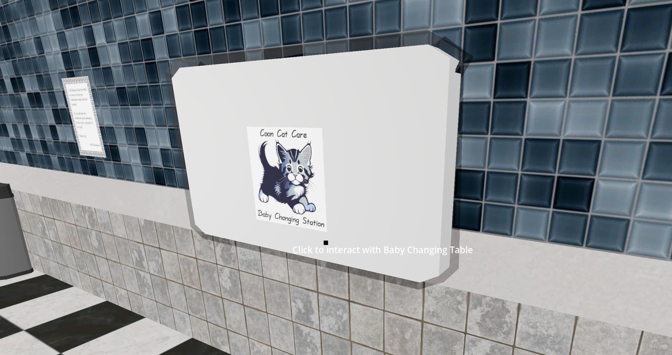 3D model of a grey fold-out baby changing table attached to the wall, with a picture of a cartoon coon cat as the fictional brand logo