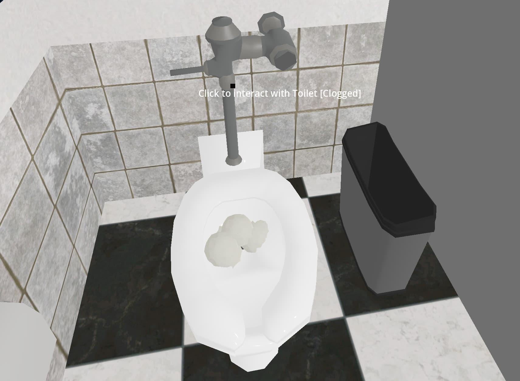 A toilet with several paper towel balls stuck in it, the user interface says it is clogged