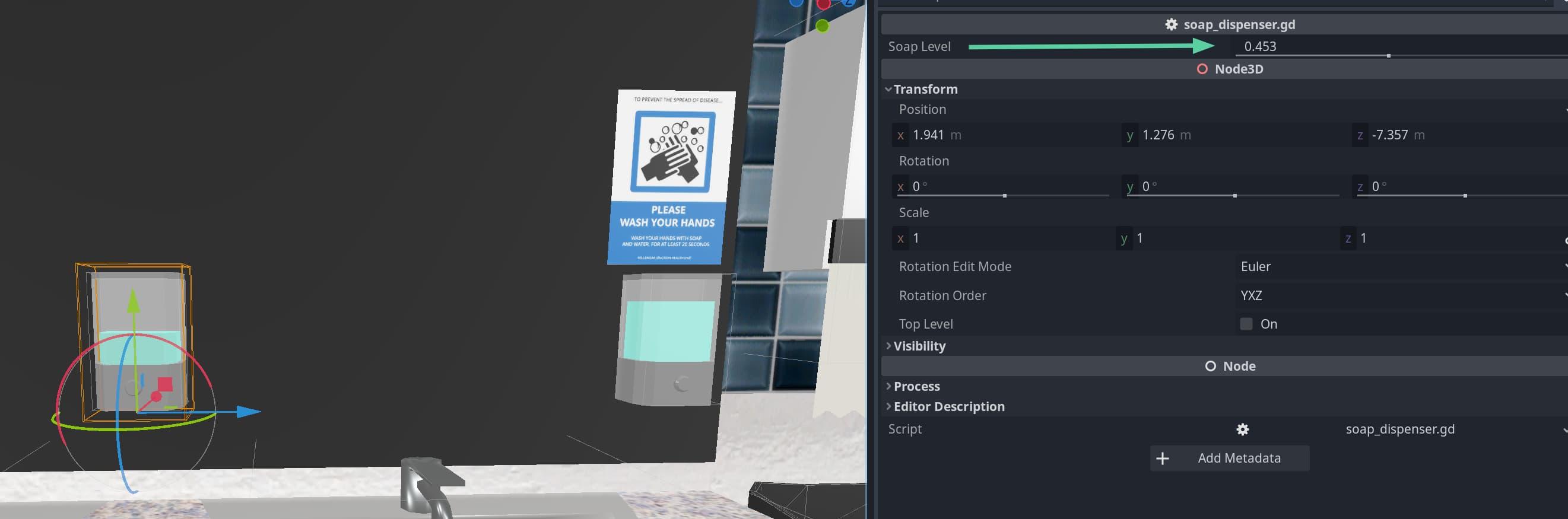 A Godot editor screenshot, showing a slider for Soap Level betwen 0 and 1, currently at 0.453, for a selected soap dispenser