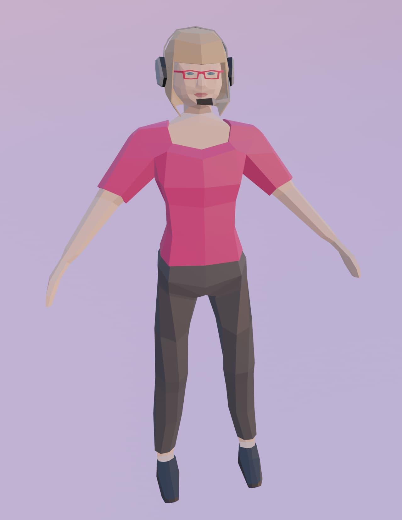 A low-poly model of a light-skinned woman with blonde hair, wearing a headset, a pink shirt, black leggings, and dress shoes