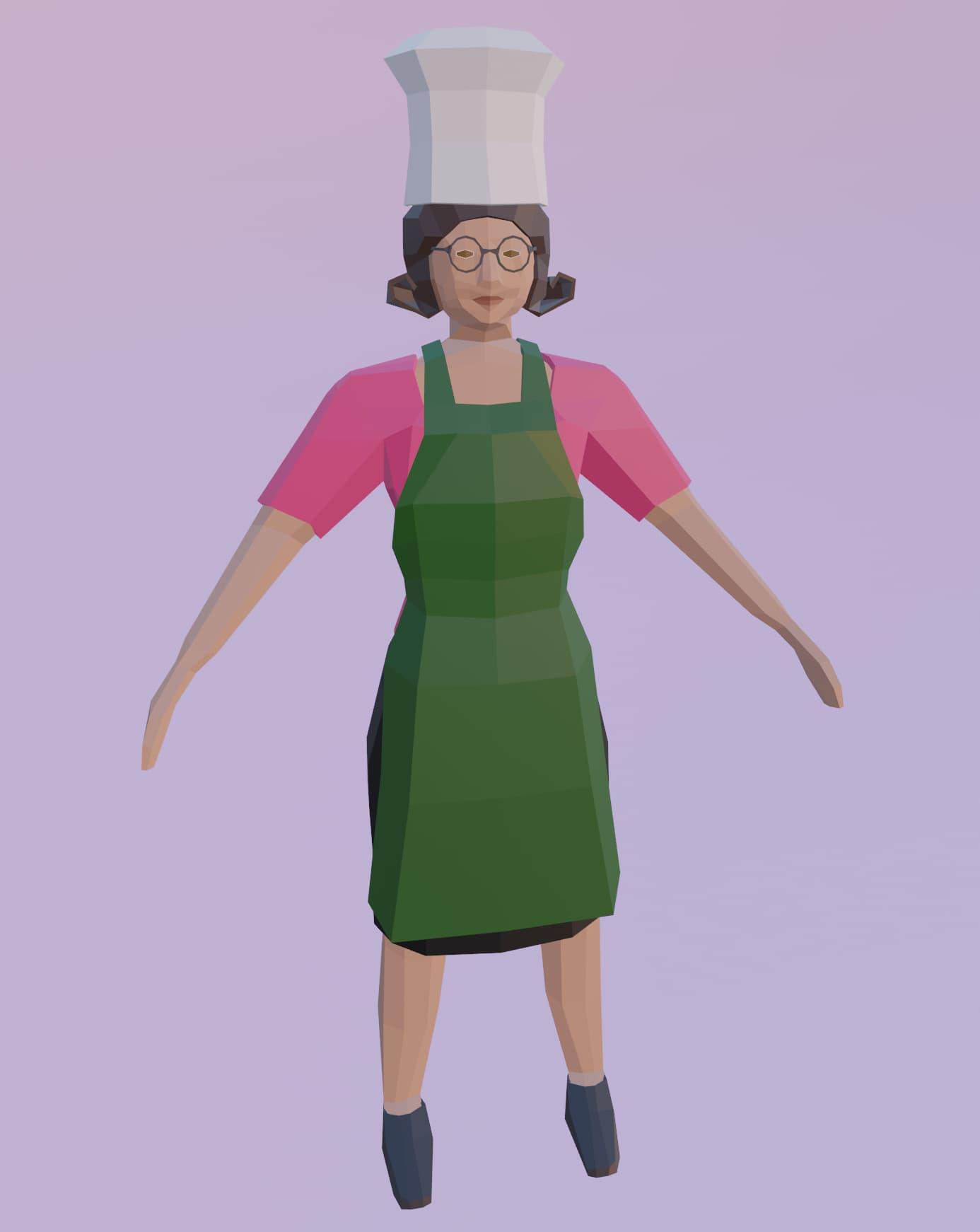 A low-poly 3D model of a tan-skinned woman with curly black hair, wearing a chef hat, round glasses, a pink top, a black skirt, a green apron, and dress shoes 