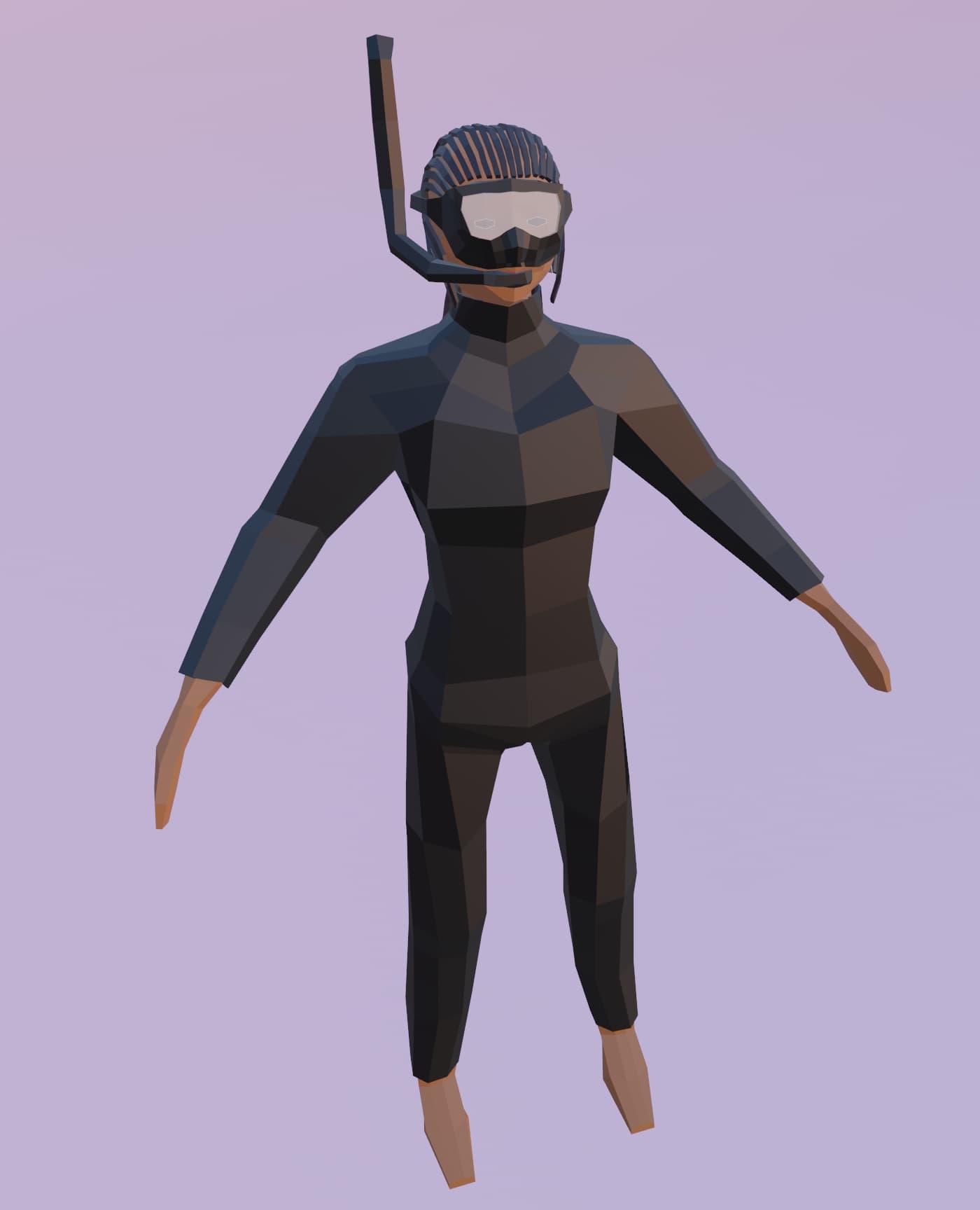 A low-poly 3D model of a brown-skinned woman with black cornrow hair, wearing a black wetsuit, scuba goggles, and a snorkel