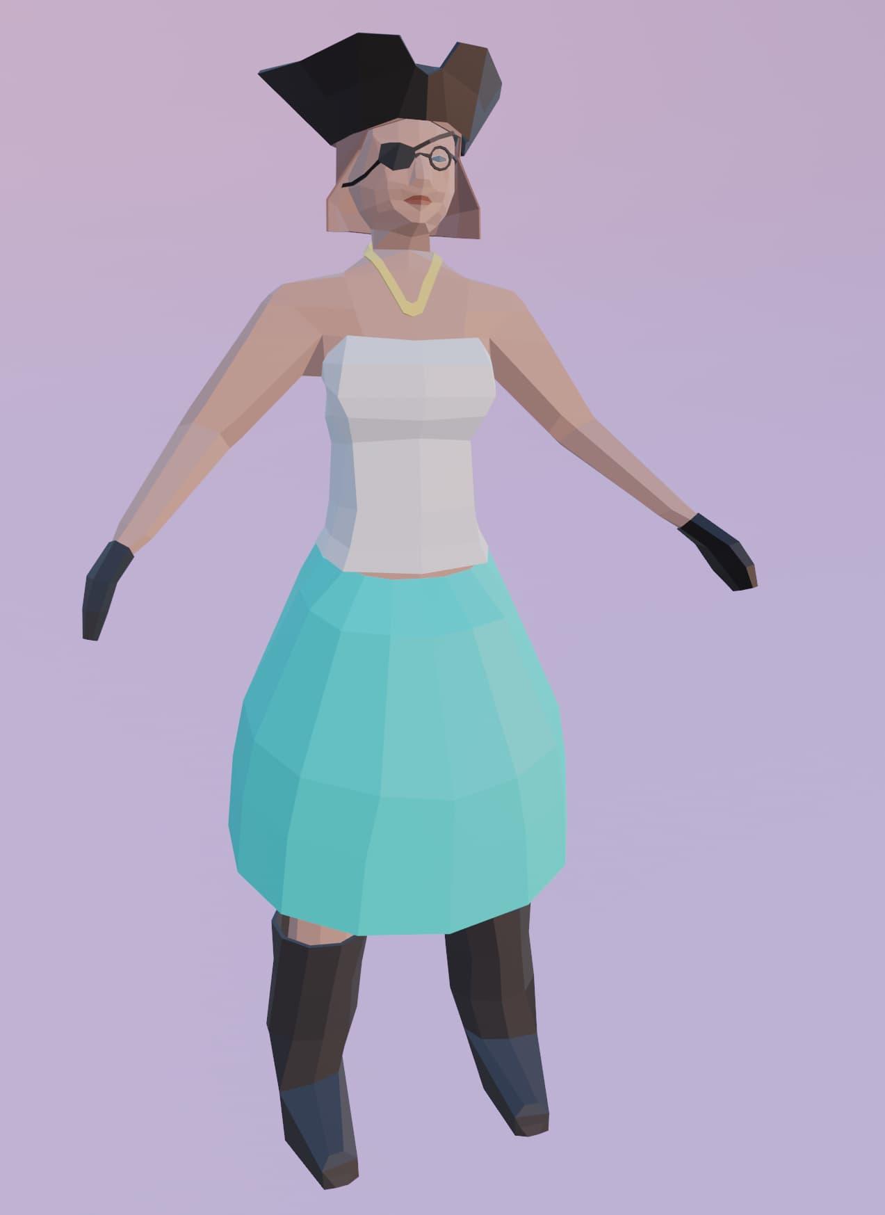 A low-poly 3D model of a woman with light skin, light-brown hair, a black pirate hat, an eyepatch over one eye and a monocle in the other, a gold necklace, a white top,, a blue skirt, and black gloves and boots