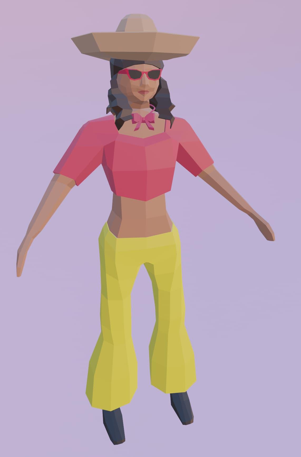 A 3D model of a Latin-American woman with black curly hair, wearing a sombrero, sunglasses, a pink bowtie, a pink crop top, yellow bell bottoms, and black shoes