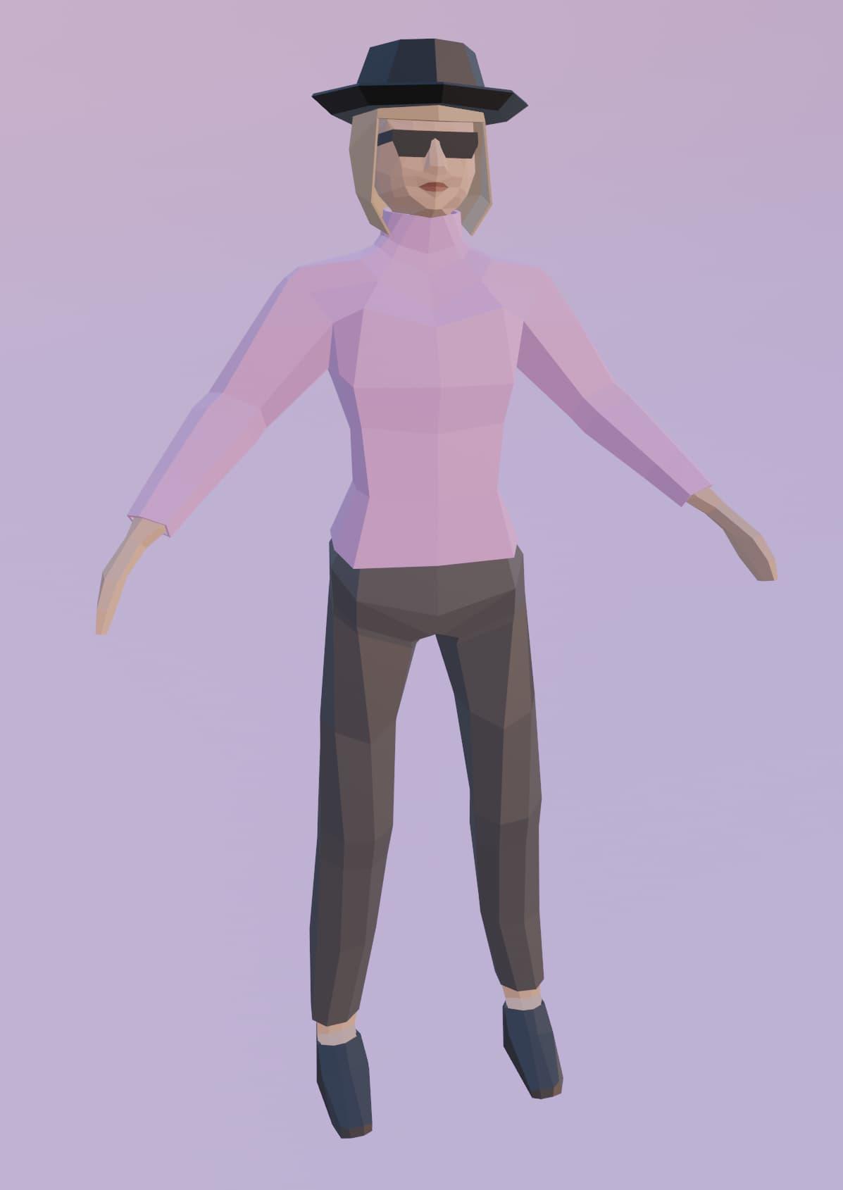 A low-poly 3D model of a fair-skinned woman with short blonde hair, a black pork pie hat, black sunglasses, a pink turtleneck, black leggings, and black shoes. The design evokes a reference to Heisenberg from the series Breaking Bad