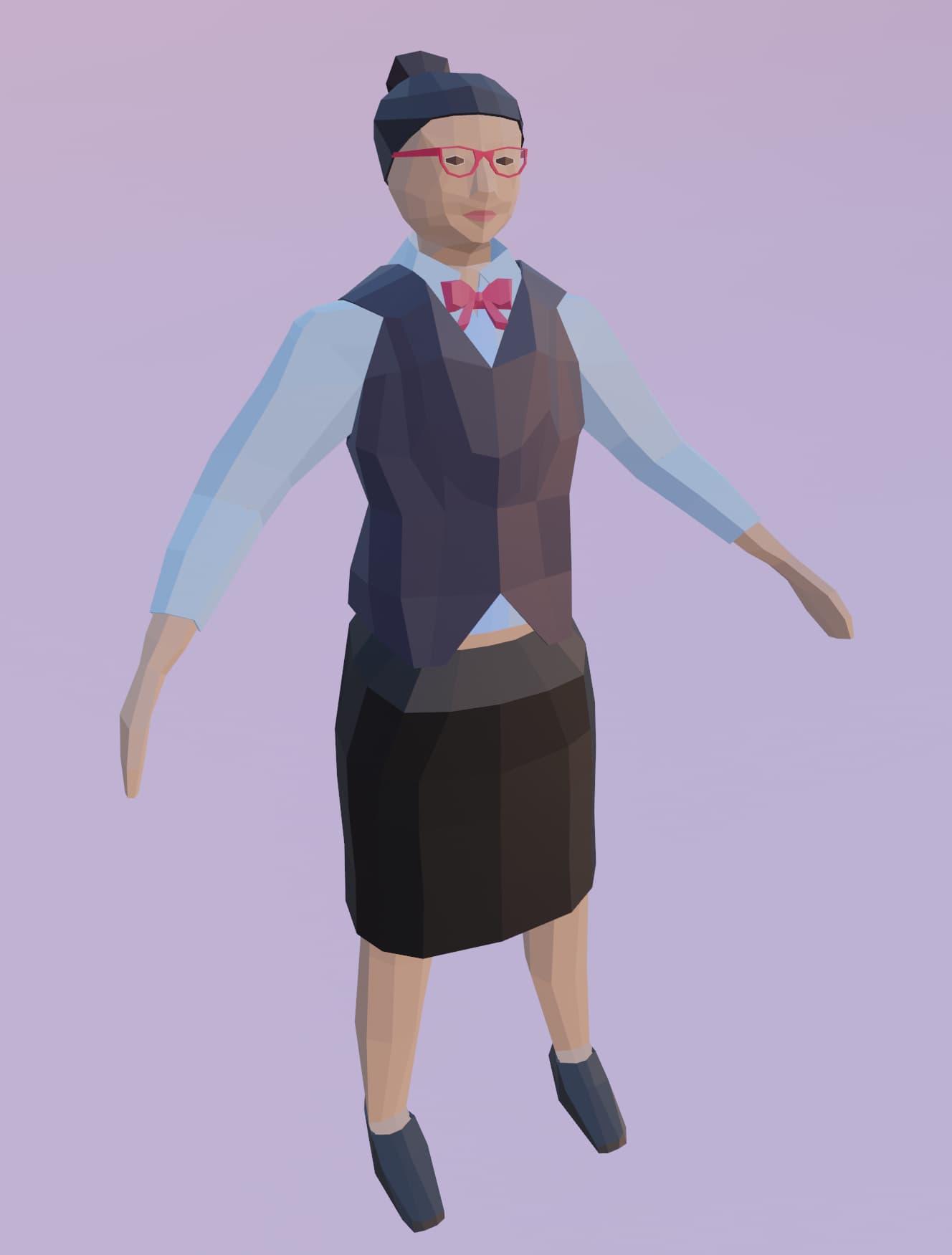 A low-poly 3D model of an Asian woman with black hair, wearing red glasses, a pink bowtie, a formal waistcoat over a blue collared shirt, a black skirt, and dress shoes