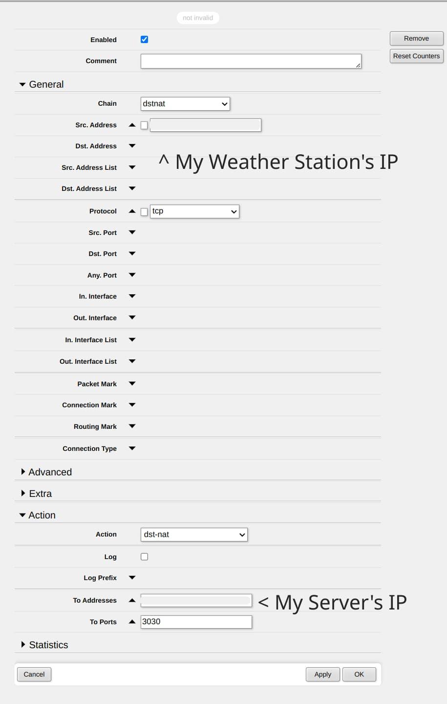 A screenshot of my router configuration panel, showing how I redirected all traffic from my weather station to my server