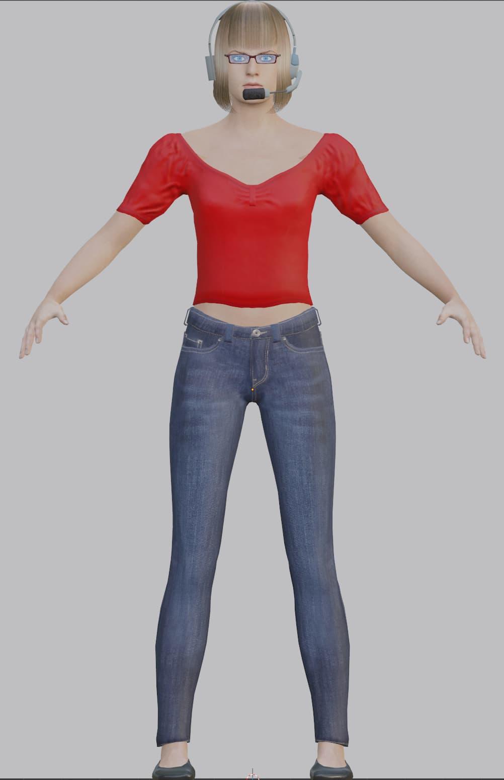 Front view of a 3D model of a blonde woman in a red shirt and blue jeans, wearing glasses and a headset, in an A pose