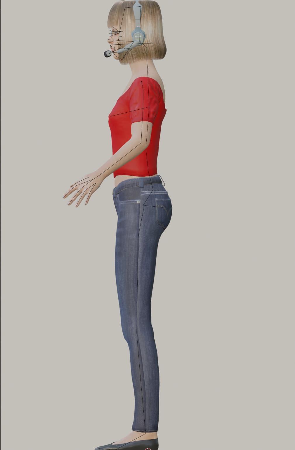 Side profile view of a 3D model of a blonde woman in a red shirt and blue jeans, wearing glasses and a headset. There are lines around the face and parts of the body, because I forgot to hide the rig