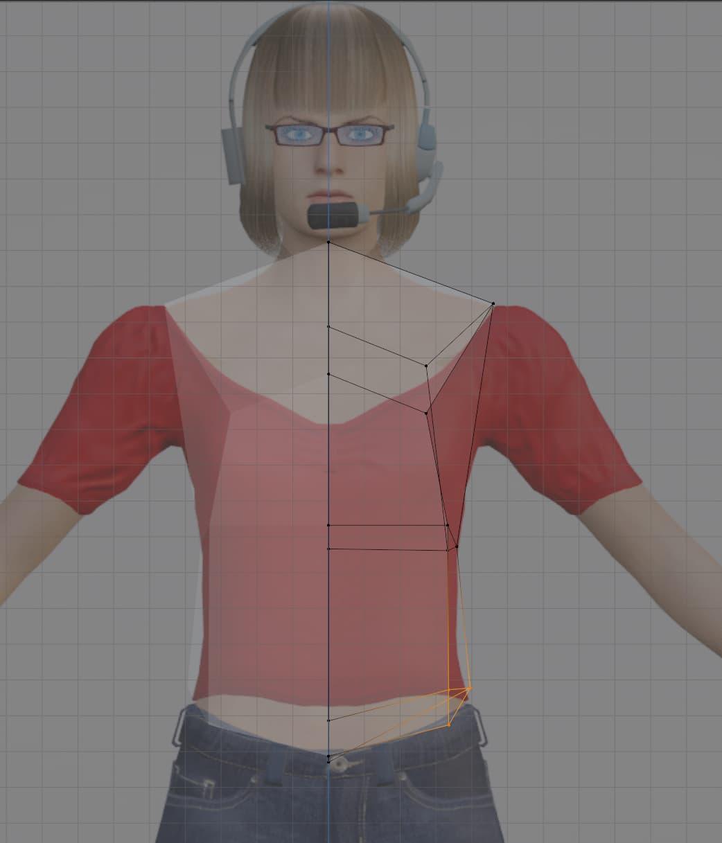 Overlaid on top of an image of a blonde woman with a red shirt, a prism-like geometric shape has been constructed with multiple points matching the neck, shoulders, and body profile