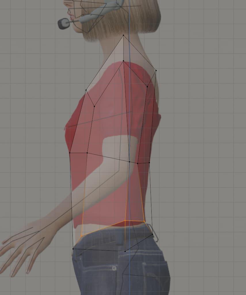 A side profile view of a transparent prism-like shape overlaid on top of an image of a blonde woman with a red shirt - the shape follows the basic contours of the body, although it has limited geometry