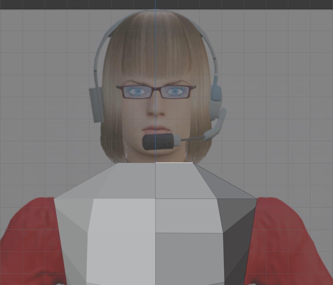A grey prism-like shape is overlaid over an image of a blonde woman in a red shirt. The prism is shown following the contours of the shoulders, and the top has been scaled down to follow the neck
