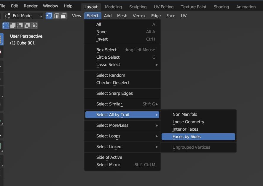 A screenshot of the Select > Select All by Trait > Faces by Sides menu option in the Blender toolbar in the top-left of the screen