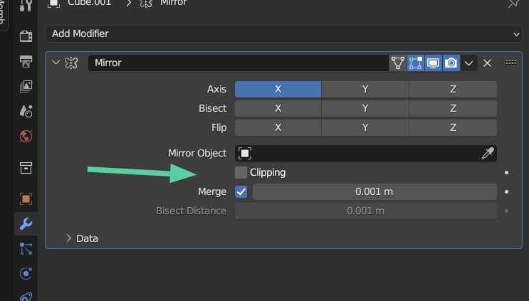 In the Blender interface, the Clipping checkbox in the Mirror modifier menu has been unchecked