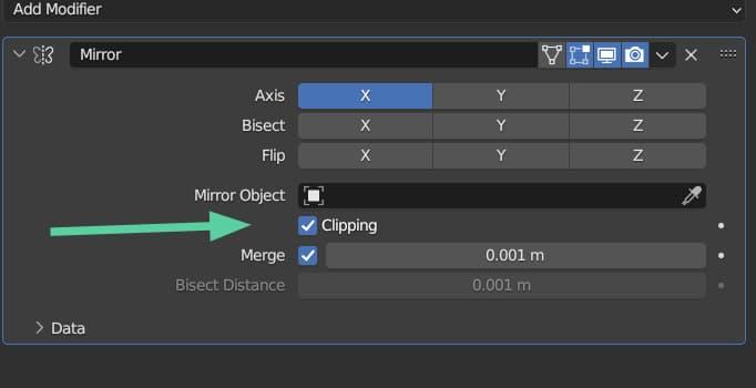In the Blender Mirror modifier menu, the Clipping checkbox has been checked again