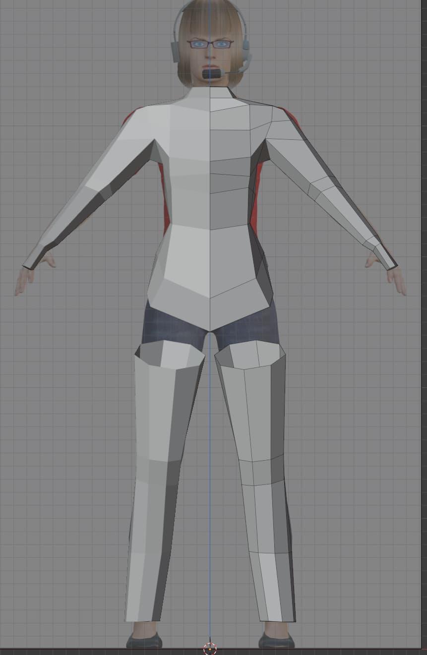 A low-poly headless, handless torso with arms, and disconnected legs are overlaid on an image of a blonde woman
