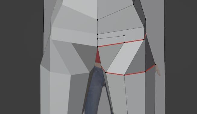 The torso and legs are now connected with a number of rectangles. The geometry is somewhat deformed.