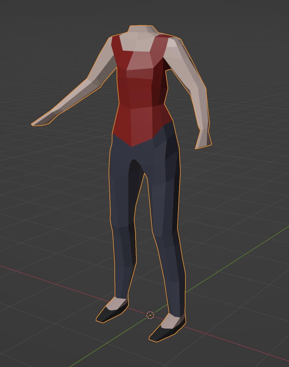 A low-poly 3D model of a headless female torso, with a red shirt, light skin, blue pants, and black shoes
