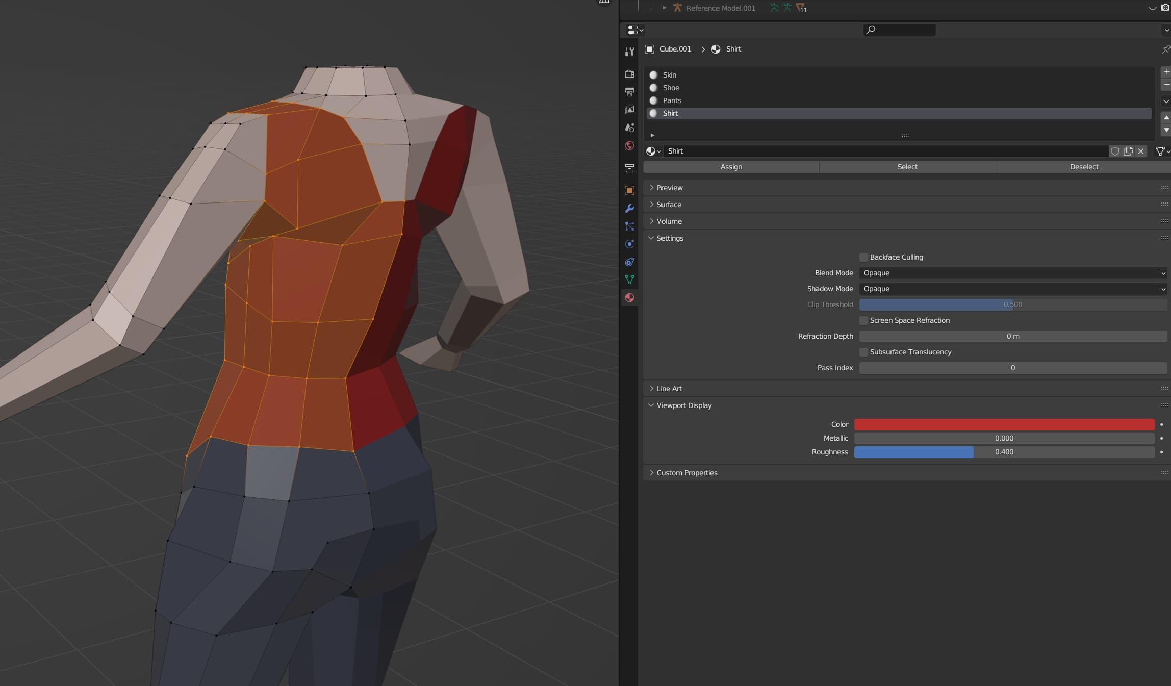 The back of the model is show, with the faces representing the shirt being selected. On the side of the screen, the Shirt Material is selected, and has been given a red Viewport Display colour